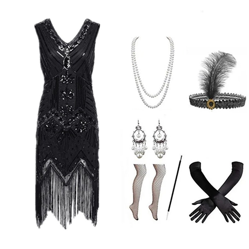Vintage Slip Dress - Damen 1920er Jahre Flapper-Kleid-Set Retro Perlen-Pailletten-Fransen-Kleid