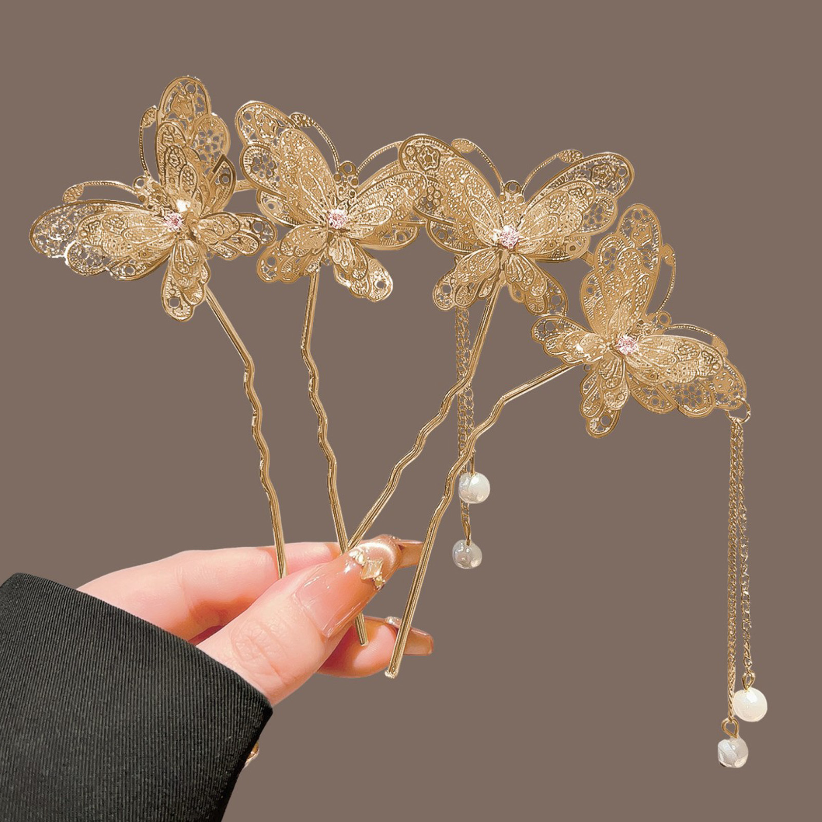Vintage Fashion In Chinese - Neo-chinesische Doppel-Schmetterlings-Haarspange mit Quaste, elegante Legierung,