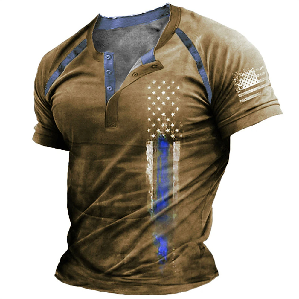 Vintage Victorian Fashion - Lustiges 3D-amerikanische-Flaggen-Print Herren-Henley-Shirt, modisches Henley-Kragen-Kurzarmshirt, Sommer-Streetwear,