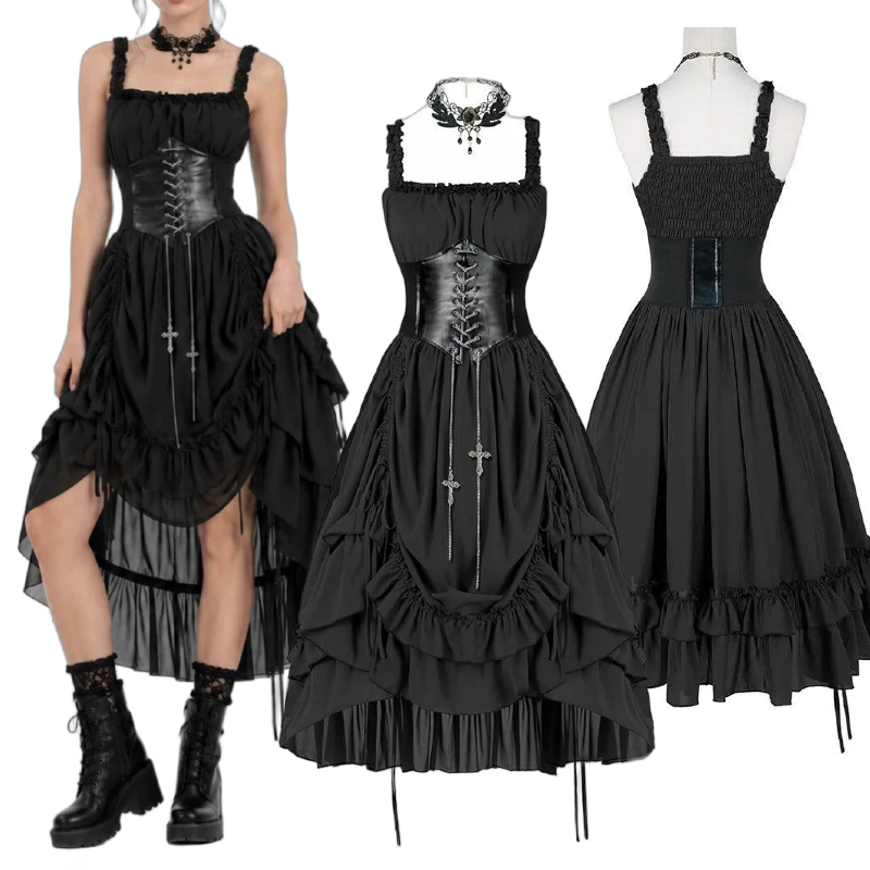 Vintage Slip Dress - Damen Gothic Kleid Korsett Slip Schwarz