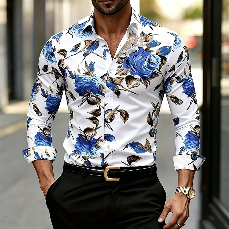 Printed Floral Shirt - Herren Langarm-Hemd mit Kragen und Blumenmuster,