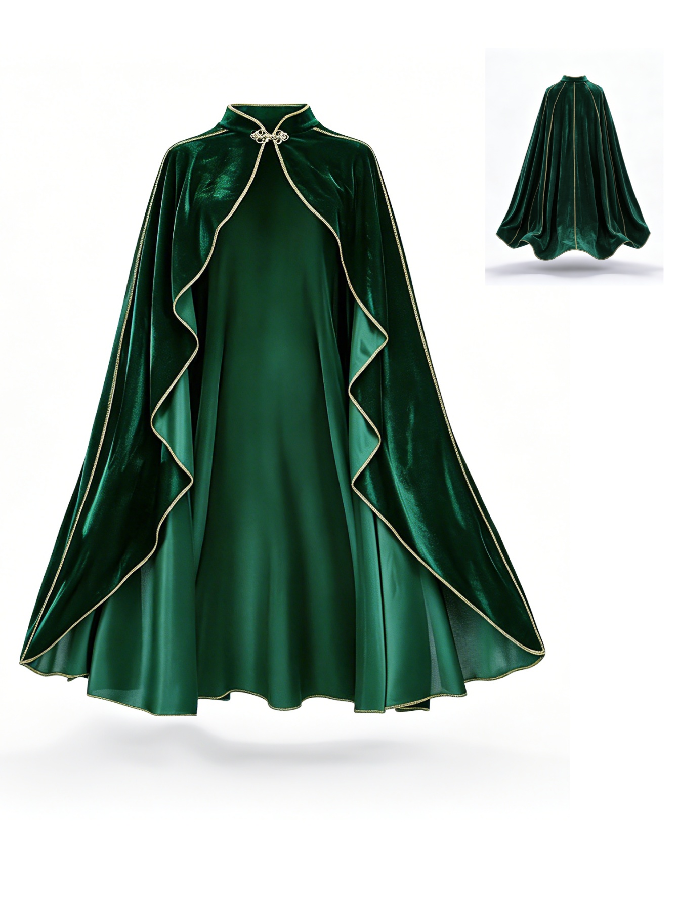 Vintage Victorian Fashion - Damen Vintage Grüner Samtumhang mit Goldbesatz,