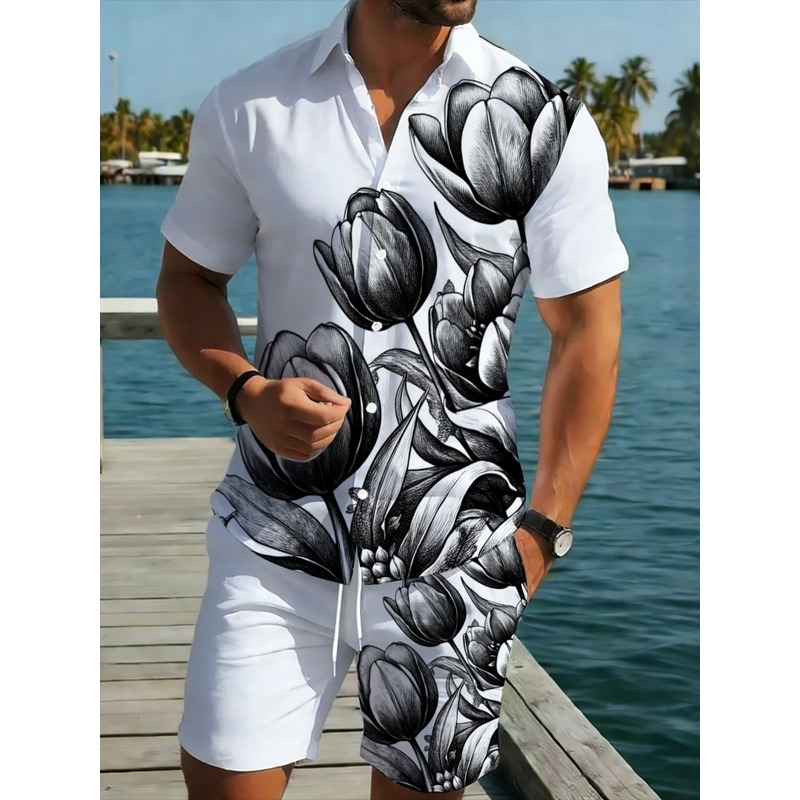 Printed Floral Shirt - Herren-Set aus weißem Hemd mit Blumenmuster